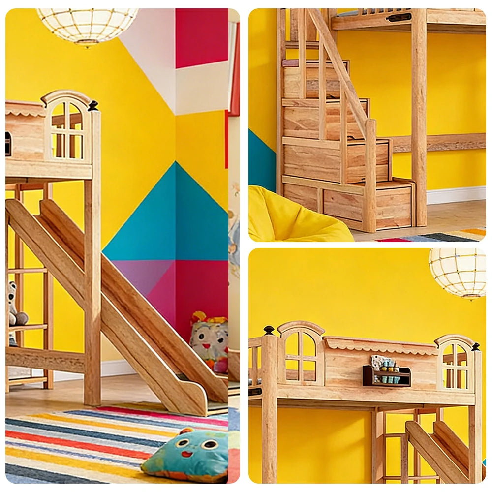 LUXORA 120/135/150cm Kids Slide Bed with Storage Stair - Safety Guardrail Design, Solid Wood Frame, Natural Wax Oil Eco Finish