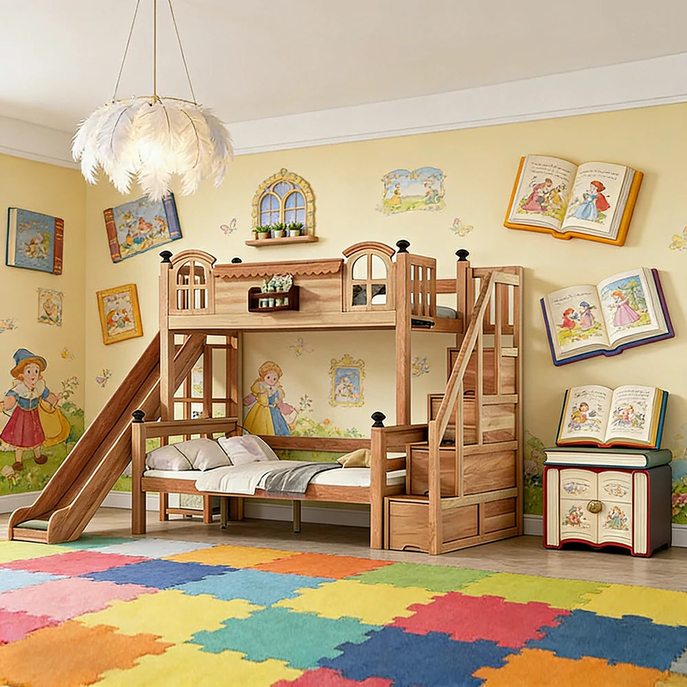 LUXORA 120/135/150cm Kids Slide Bed with Storage Stair - All-Round Safety Design, Solid Wood Frame, Low-Odour Natural Wax Oil Finish