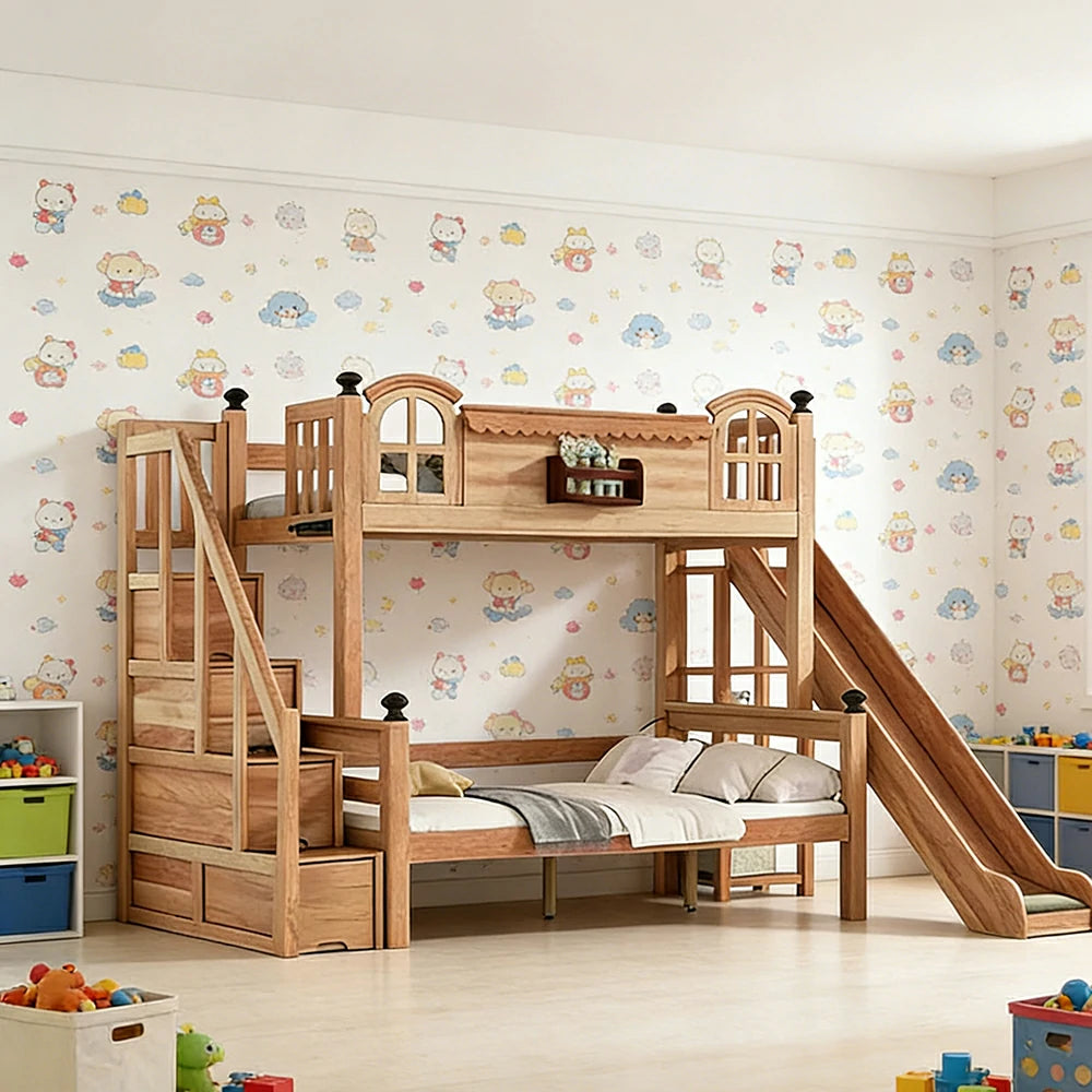 LUXORA 120/135/150cm Kids Slide Bed with Storage Stair - All-Round Safety Design, Solid Wood Frame, Low-Odour Natural Wax Oil Finish
