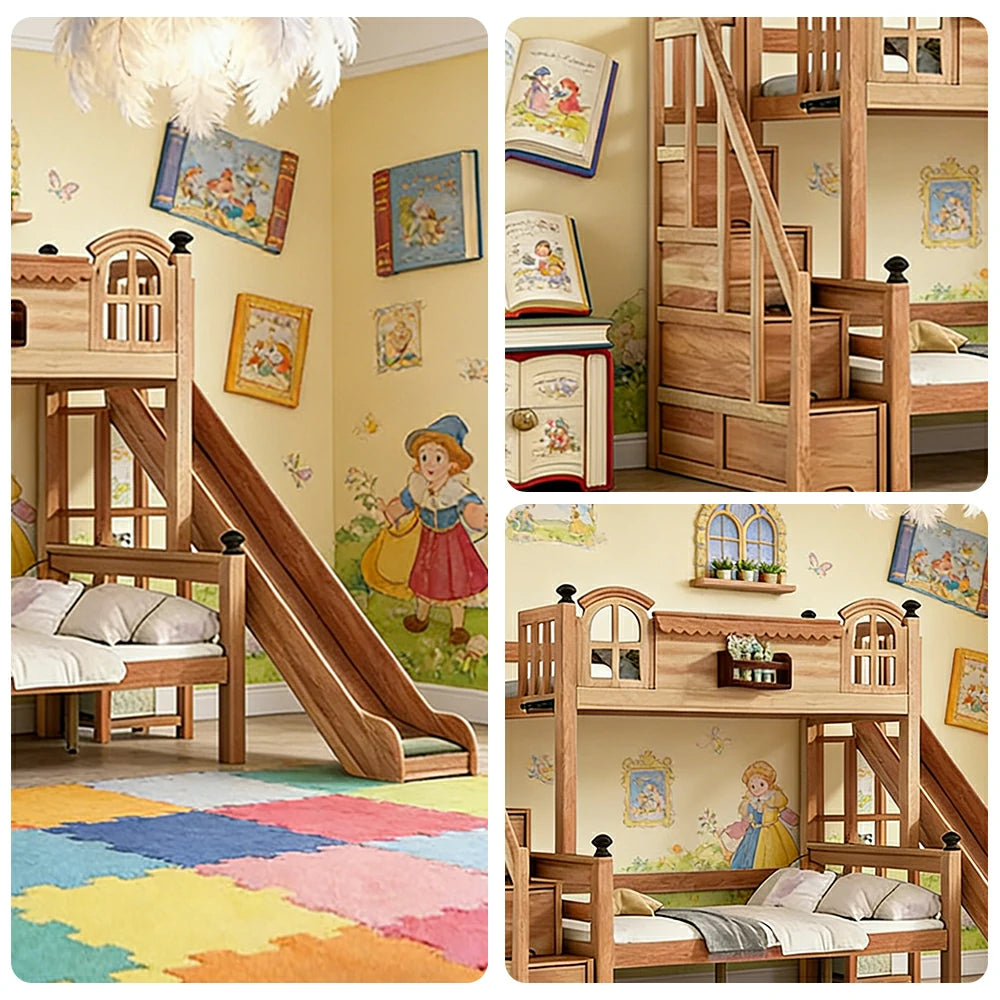 LUXORA 120/135/150cm Kids Slide Bed with Storage Stair - All-Round Safety Design, Solid Wood Frame, Low-Odour Natural Wax Oil Finish