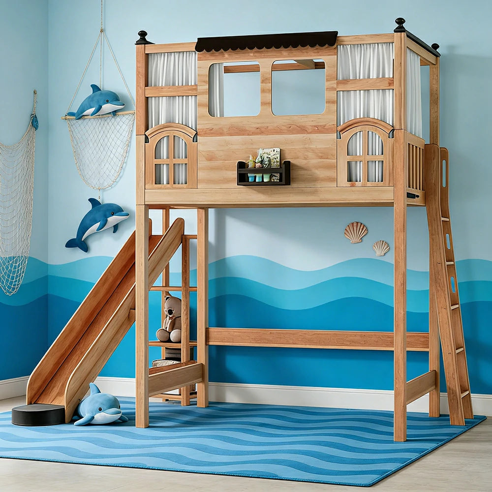 LUXORA 120/135/150cm Kids Slide Bed with Side Ladder - Safe Play & Sleep Design, Solid Wood Frame, Space-Saving Side Ladder Layout