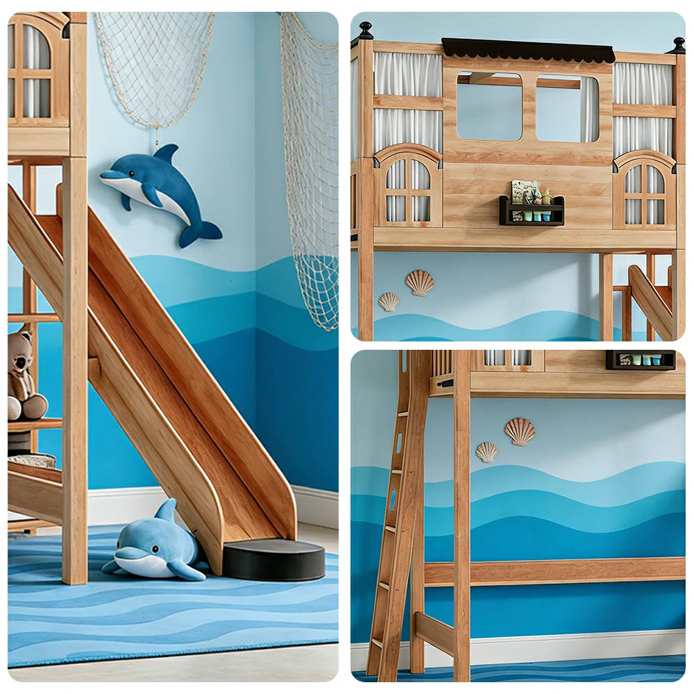 LUXORA 120/135/150cm Kids Slide Bed with Side Ladder - Safe Play & Sleep Design, Solid Wood Frame, Space-Saving Side Ladder Layout