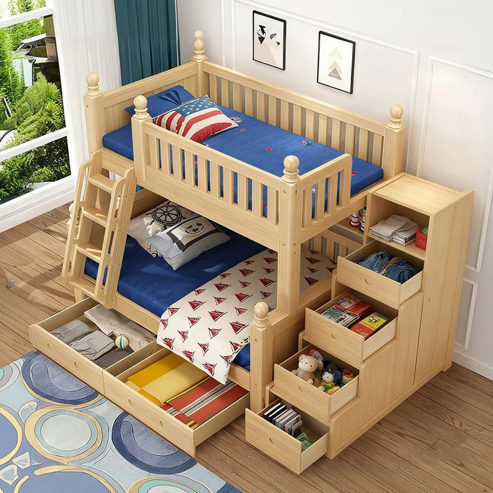 LUXORA Solid Wood Bunk Bed with Storage Staircase - 120/130cm, Dual-Ladder Luxury Design, Safe Guardrails, Durable Frame