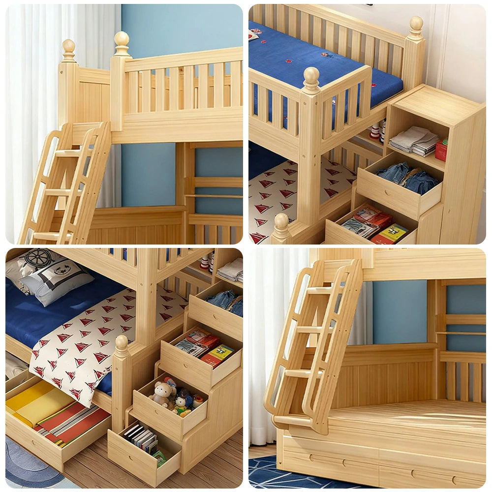 LUXORA Solid Wood Bunk Bed with Storage Staircase - 120/130cm, Dual-Ladder Luxury Design, Safe Guardrails, Durable Frame