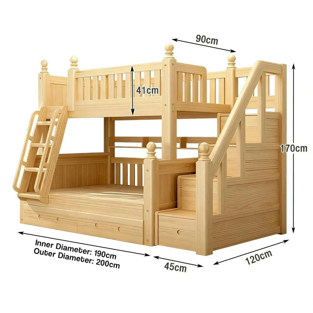 LUXORA Solid Wood Bunk Bed with Storage Staircase - 120/130cm, Dual-Ladder Luxury Design, Safe Guardrails, Durable Frame