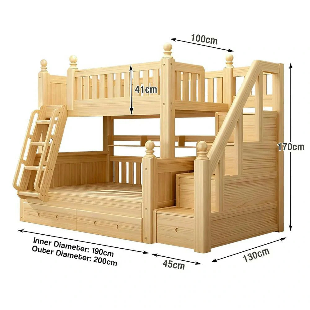 LUXORA Solid Wood Bunk Bed with Storage Staircase - 120/130cm, Dual-Ladder Luxury Design, Safe Guardrails, Durable Frame