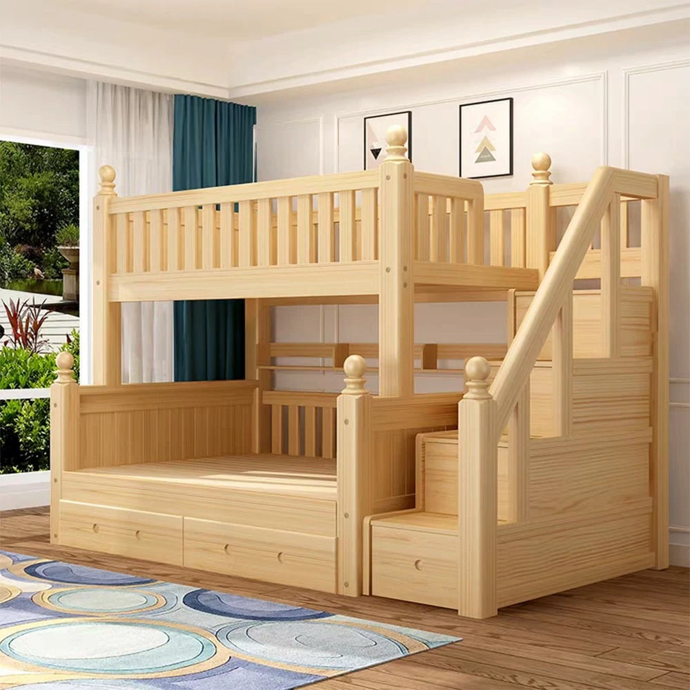 LUXORA Solid Wood Bunk Bed with Storage Staircase – 120/130cm Safe Guardrails & Durable Frame