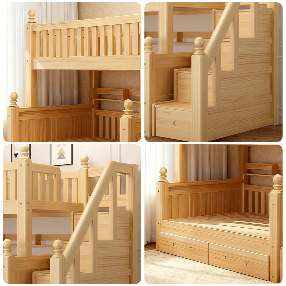 LUXORA Solid Wood Bunk Bed with Storage Staircase – 120/130cm Safe Guardrails & Durable Frame