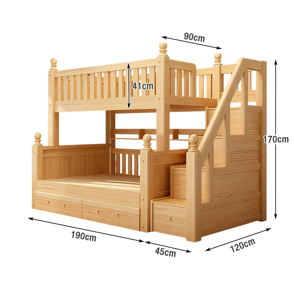 LUXORA Solid Wood Bunk Bed with Storage Staircase – 120/130cm Safe Guardrails & Durable Frame
