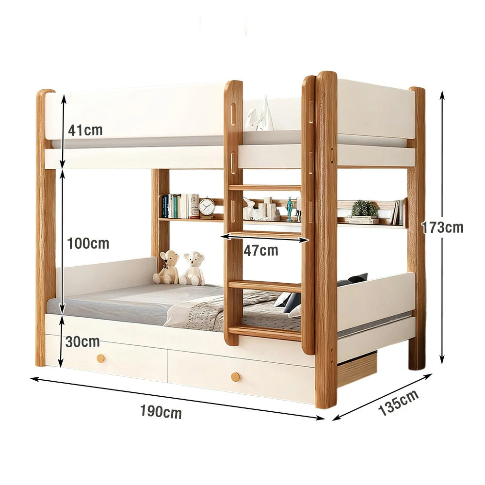 LUXORA Bunk Bed with Dual Drawers, Bookshelf & 2 Mattresses – Eco-Friendly Solid Wood, Safe 41cm Guardrails, Flexible Ladder Placement - White