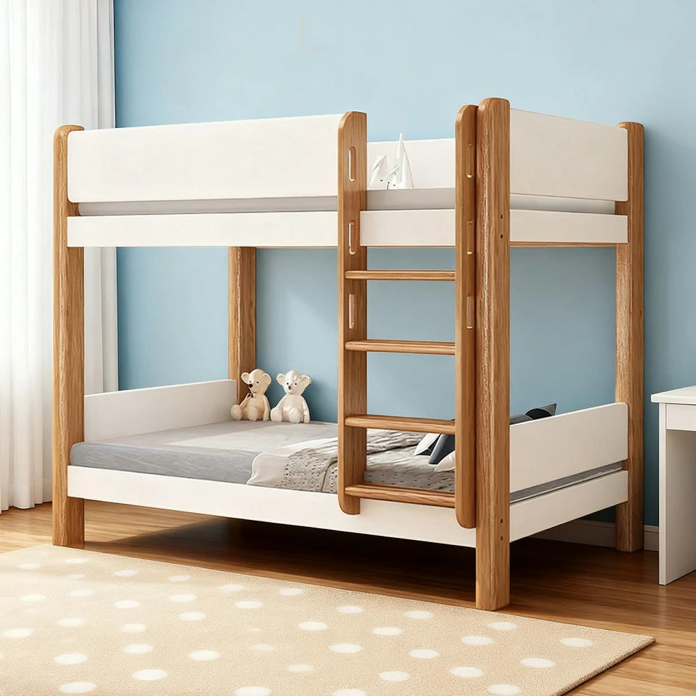 LUXORA Bunk Bed – Eco-Friendly Solid Wood, 120/135/150cm, 41cm Guardrails, Dual Storage Drawers, Flexible Ladder Placement - White