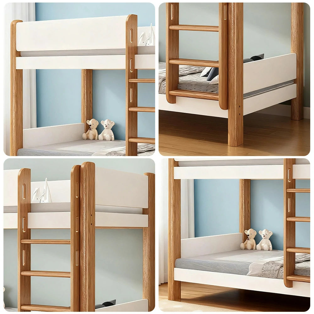 LUXORA Bunk Bed – Eco-Friendly Solid Wood, 120/135/150cm, 41cm Guardrails, Dual Storage Drawers, Flexible Ladder Placement - White