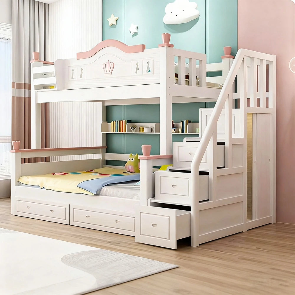 LUXORA Solid Wood Bunk Bed with Wardrobe, Dual Drawers & Bookshelf - Lower 150cm, Upper 120cm, Includes 2 Mattresses, Durable Frame with Staircase Ladder - White