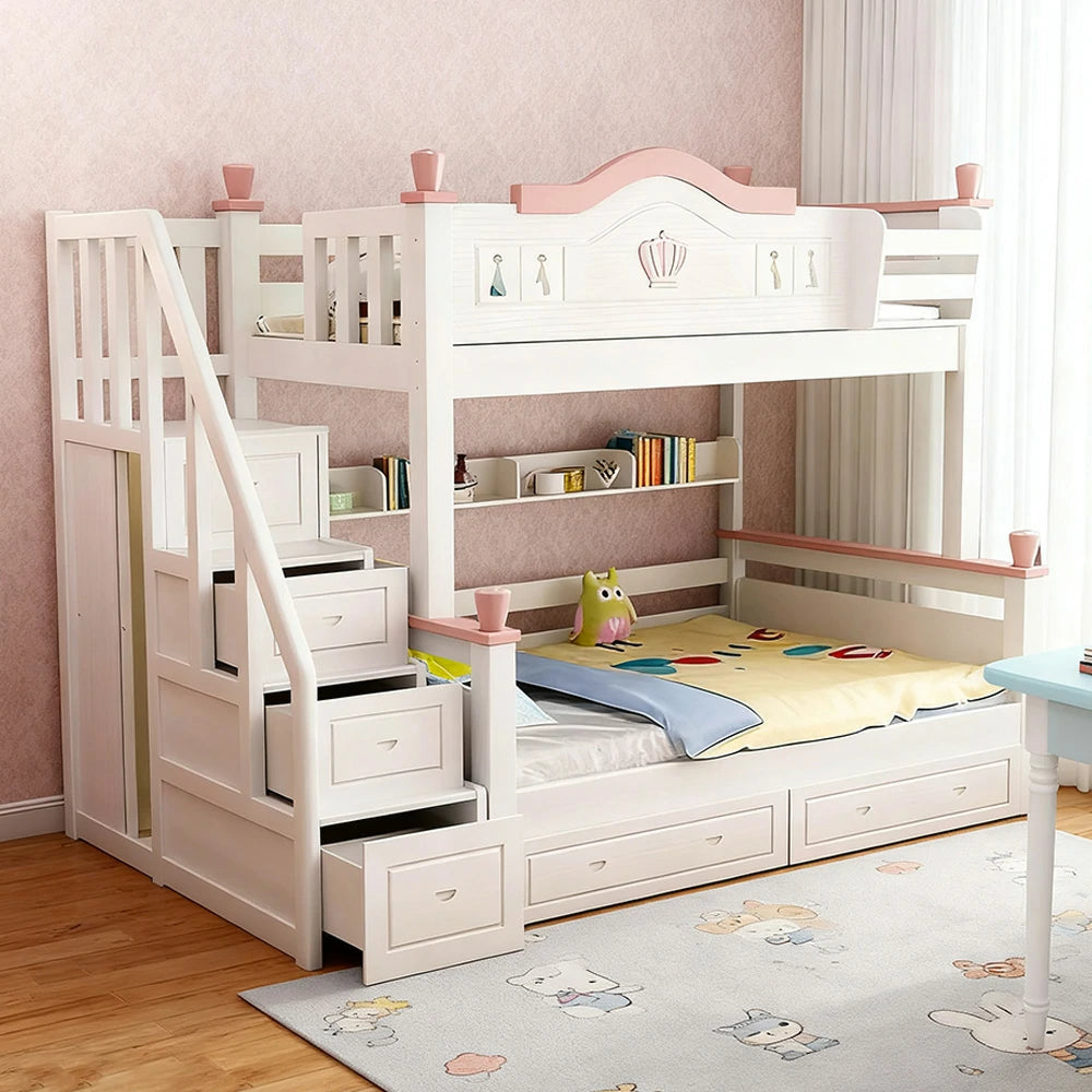 LUXORA Solid Wood Bunk Bed with Wardrobe, Dual Drawers & Bookshelf - Lower 150cm, Upper 120cm, Includes 2 Mattresses, Durable Frame with Staircase Ladder - White
