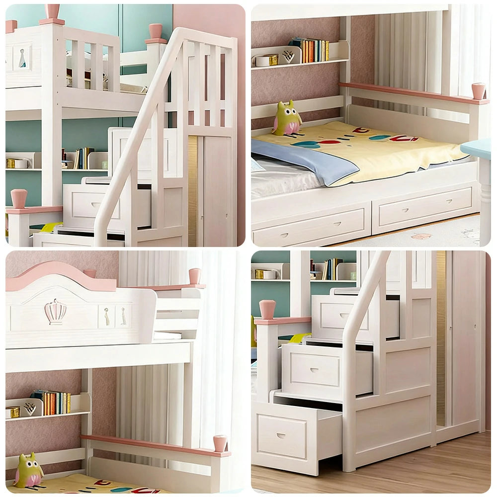 LUXORA Solid Wood Bunk Bed with Wardrobe, Dual Drawers & Bookshelf - Lower 150cm, Upper 120cm, Includes 2 Mattresses, Durable Frame with Staircase Ladder - White