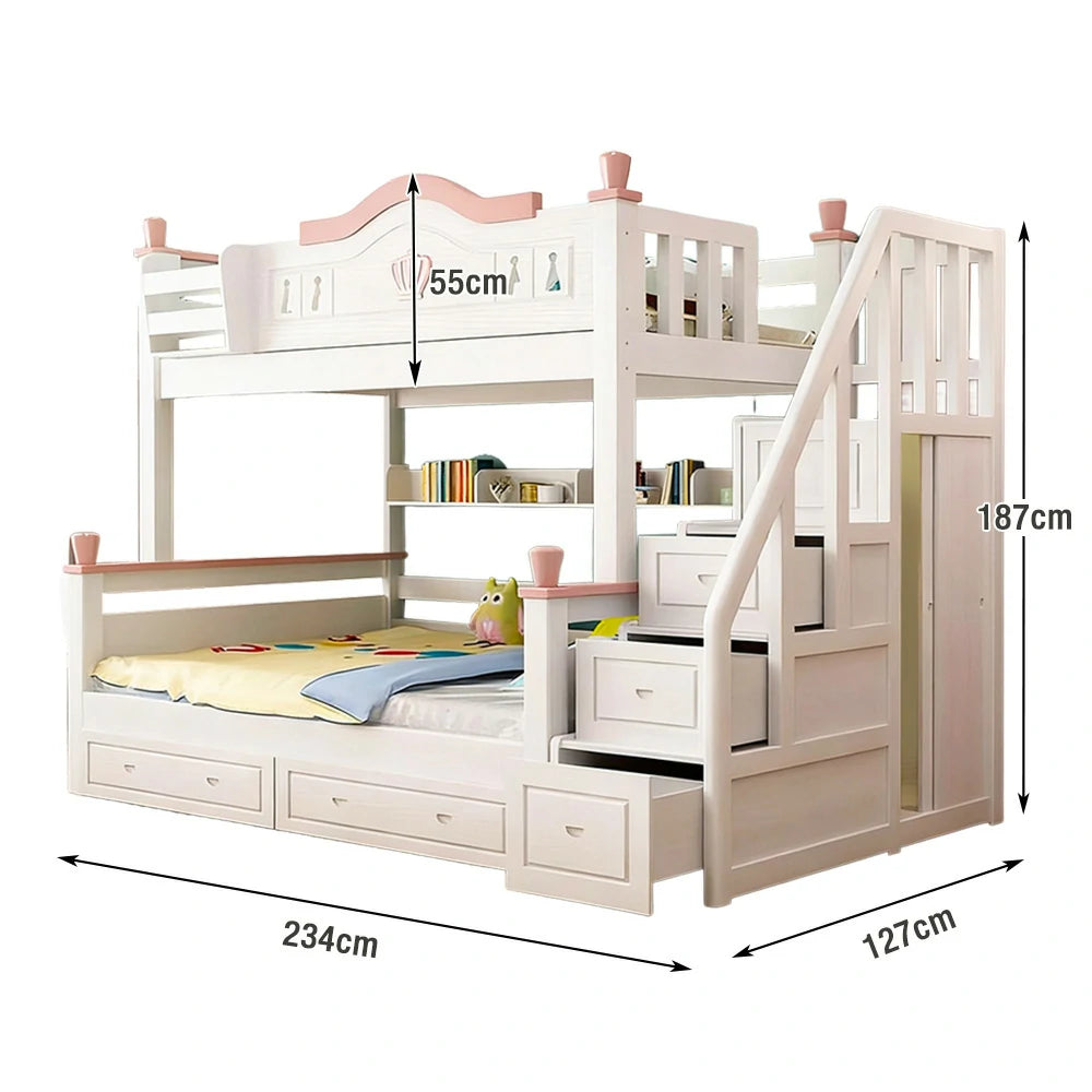LUXORA Solid Wood Bunk Bed with Wardrobe, Dual Drawers & Bookshelf - Lower 150cm, Upper 120cm, Includes 2 Mattresses, Durable Frame with Staircase Ladder - White