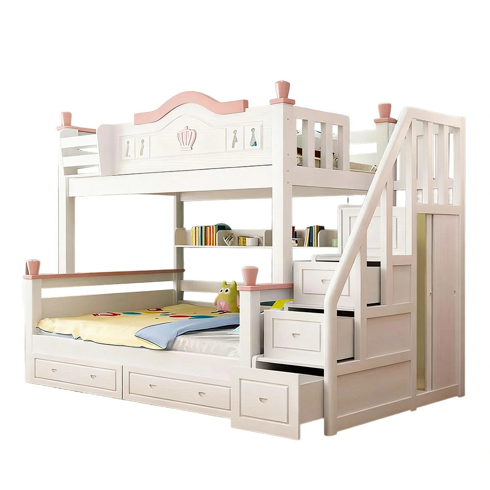 LUXORA Solid Wood Bunk Bed with Wardrobe, Dual Drawers & Bookshelf - Lower 150cm, Upper 120cm, Includes 2 Mattresses, Durable Frame with Staircase Ladder - White