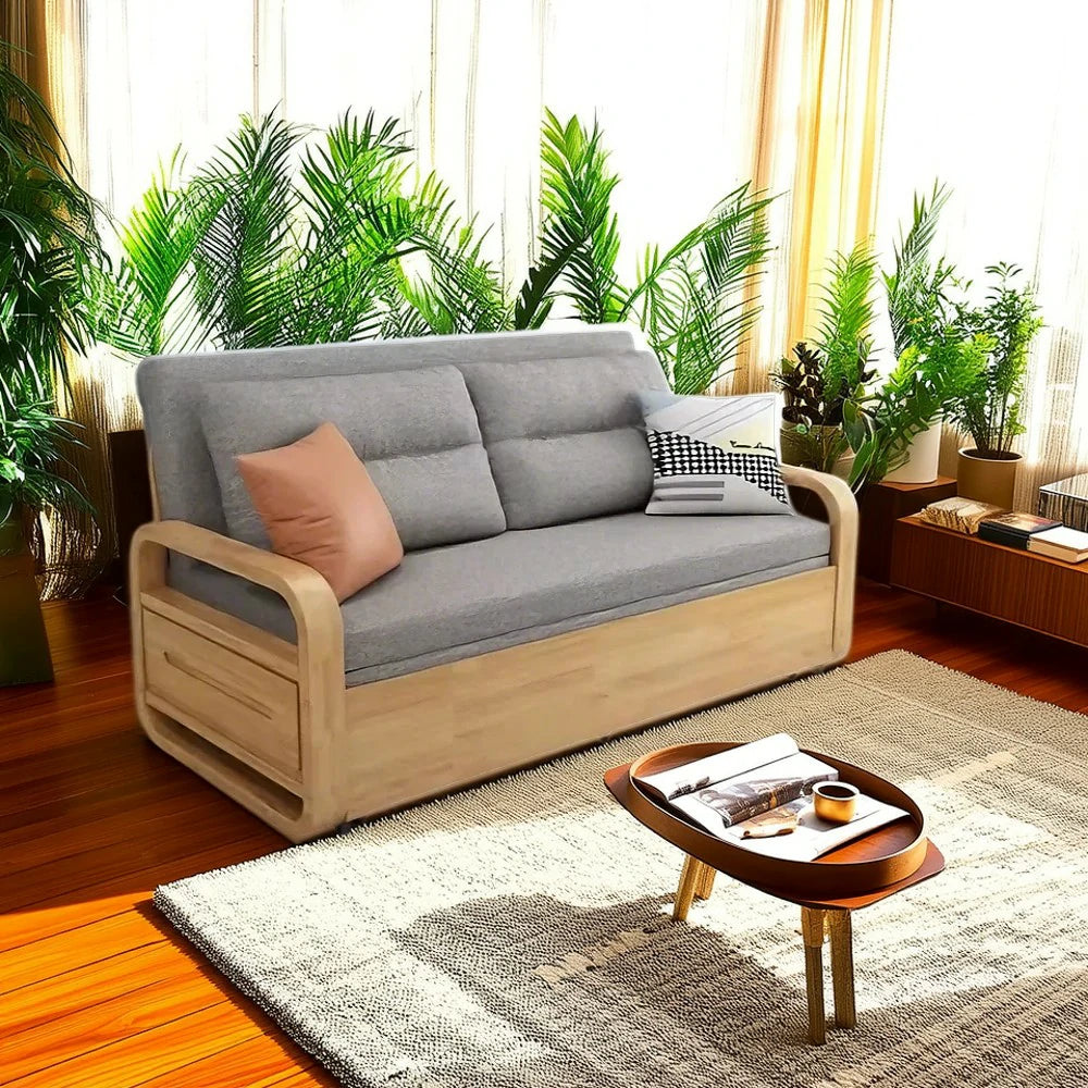 LUXORA 135/165cm Sofa Bed, Dual-Function Pull-Out Design, Cotton-Linen Upholstery, Solid Wood & Metal Frame, Quiet Rollers - Grey