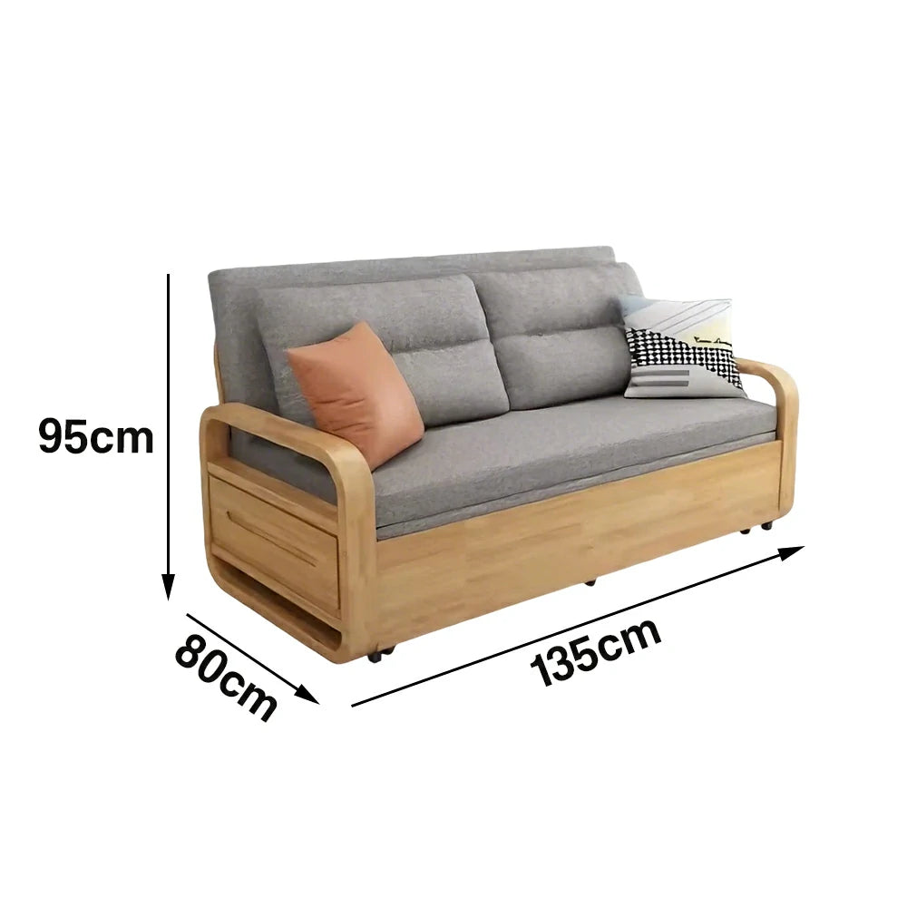 LUXORA 135/165cm Sofa Bed, Dual-Function Pull-Out Design, Cotton-Linen Upholstery, Solid Wood & Metal Frame, Quiet Rollers - Grey