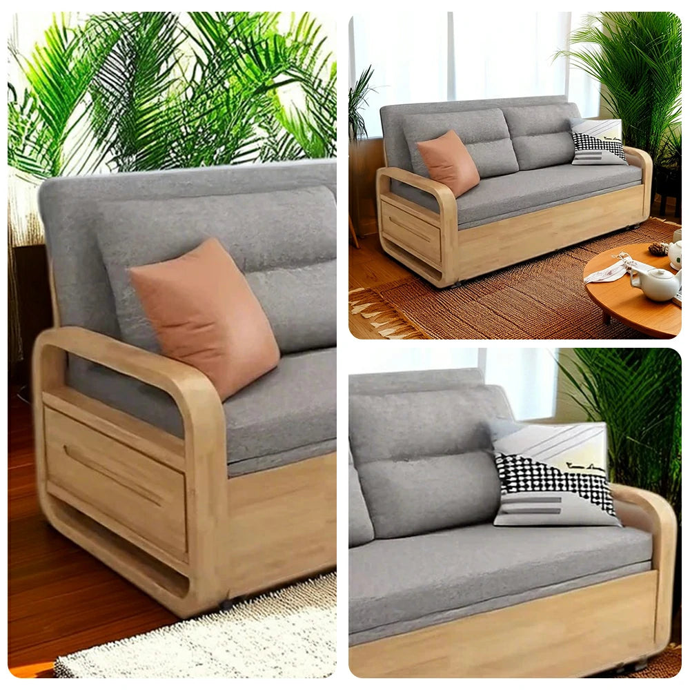 LUXORA 135/165cm Sofa Bed, Dual-Function Pull-Out Design, Cotton-Linen Upholstery, Solid Wood & Metal Frame, Quiet Rollers - Grey