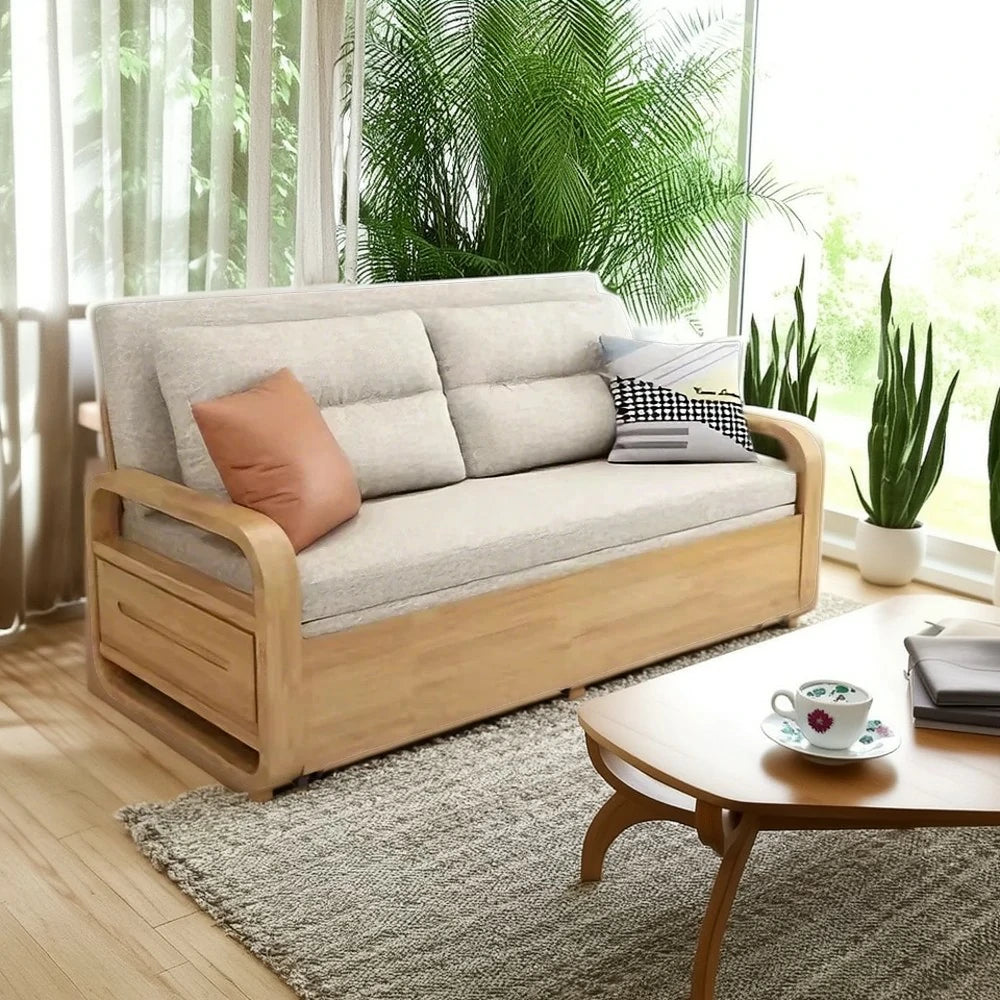 LUXORA 135/165cm Sofa Bed, Dual-Function Pull-Out Design, Cotton-Linen Upholstery, Solid Wood & Metal Frame, Quiet Rollers - Beige