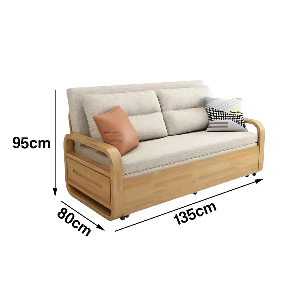 LUXORA 135/165cm Sofa Bed, Dual-Function Pull-Out Design, Cotton-Linen Upholstery, Solid Wood & Metal Frame, Quiet Rollers - Beige