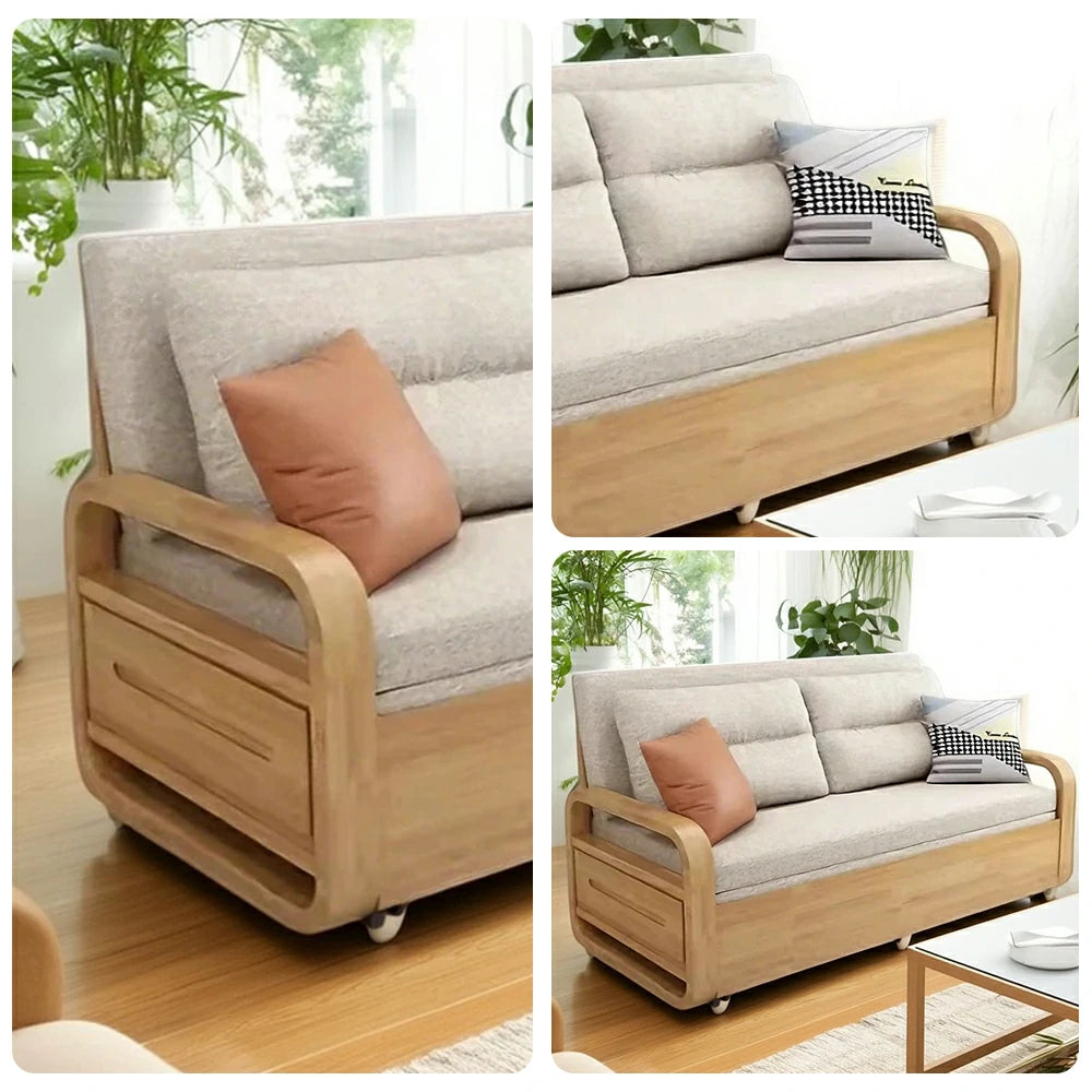 LUXORA 135/165cm Sofa Bed, Dual-Function Pull-Out Design, Cotton-Linen Upholstery, Solid Wood & Metal Frame, Quiet Rollers - Beige