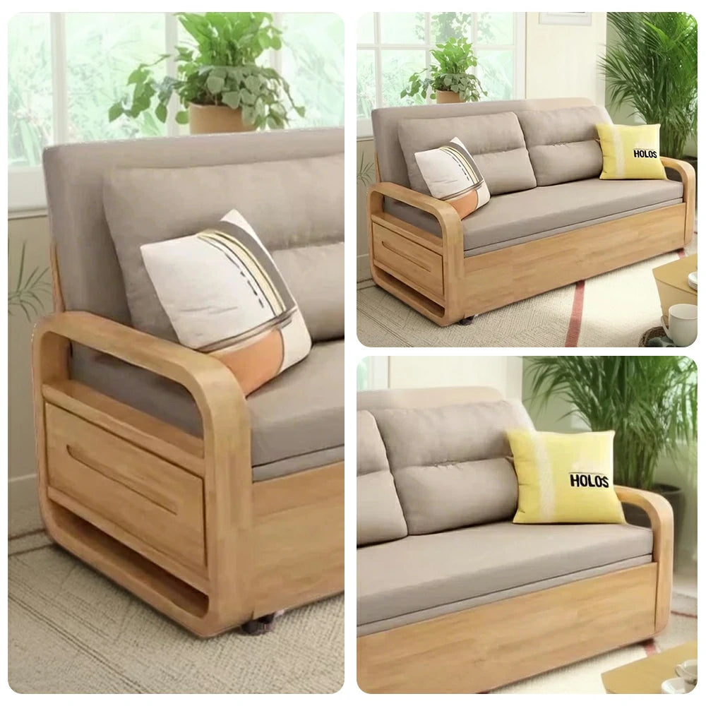 LUXORA 135/165cm Sofa Bed, Dual-Function Pull-Out Design, Cotton-Linen Upholstery, Solid Wood & Metal Frame, Quiet Rollers - Coffee