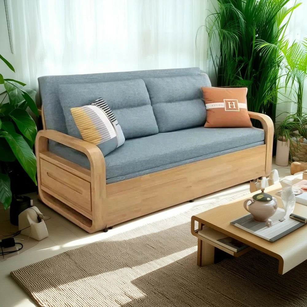 LUXORA 135/165cm Sofa Bed, Dual-Function Pull-Out Design, Cotton-Linen Upholstery, Solid Wood & Metal Frame, Quiet Rollers - Blue