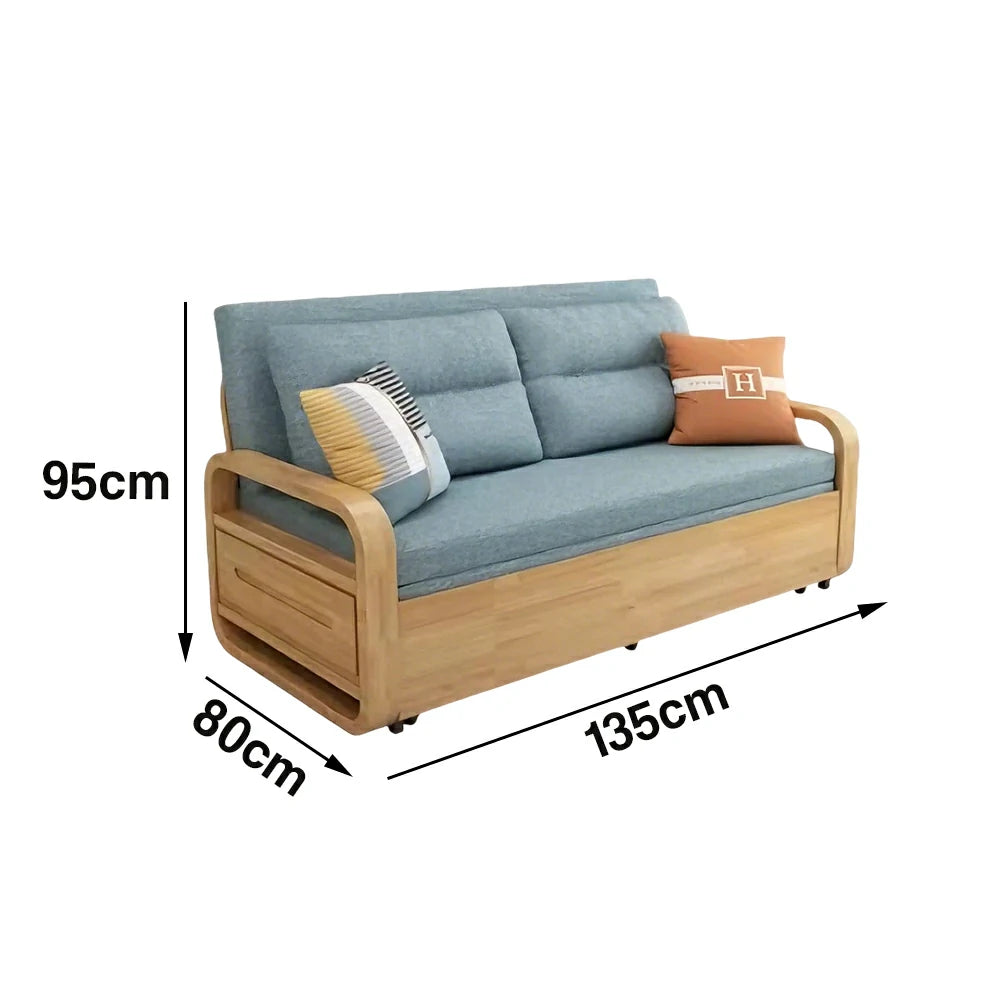 LUXORA 135/165cm Sofa Bed, Dual-Function Pull-Out Design, Cotton-Linen Upholstery, Solid Wood & Metal Frame, Quiet Rollers - Blue
