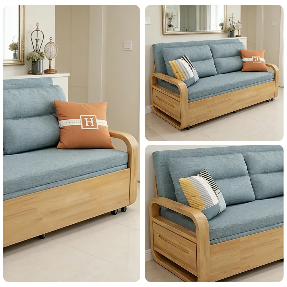 LUXORA 135/165cm Sofa Bed, Dual-Function Pull-Out Design, Cotton-Linen Upholstery, Solid Wood & Metal Frame, Quiet Rollers - Blue