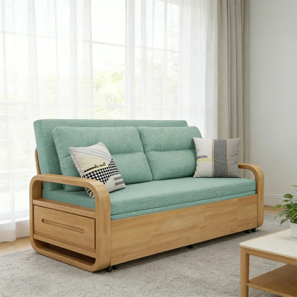 LUXORA 135/165cm Sofa Bed, Dual-Function Pull-Out Design, Cotton-Linen Upholstery, Solid Wood & Metal Frame, Quiet Rollers - Green