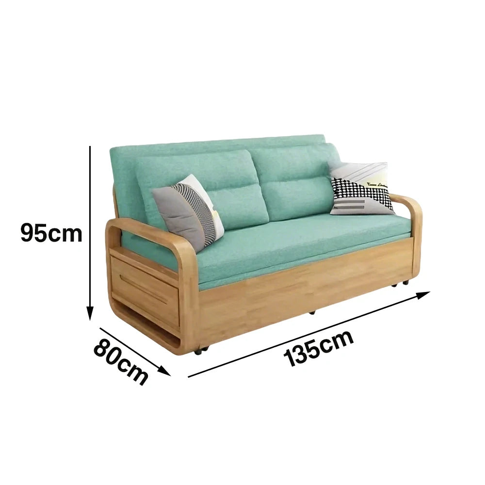 LUXORA 135/165cm Sofa Bed, Dual-Function Pull-Out Design, Cotton-Linen Upholstery, Solid Wood & Metal Frame, Quiet Rollers - Green
