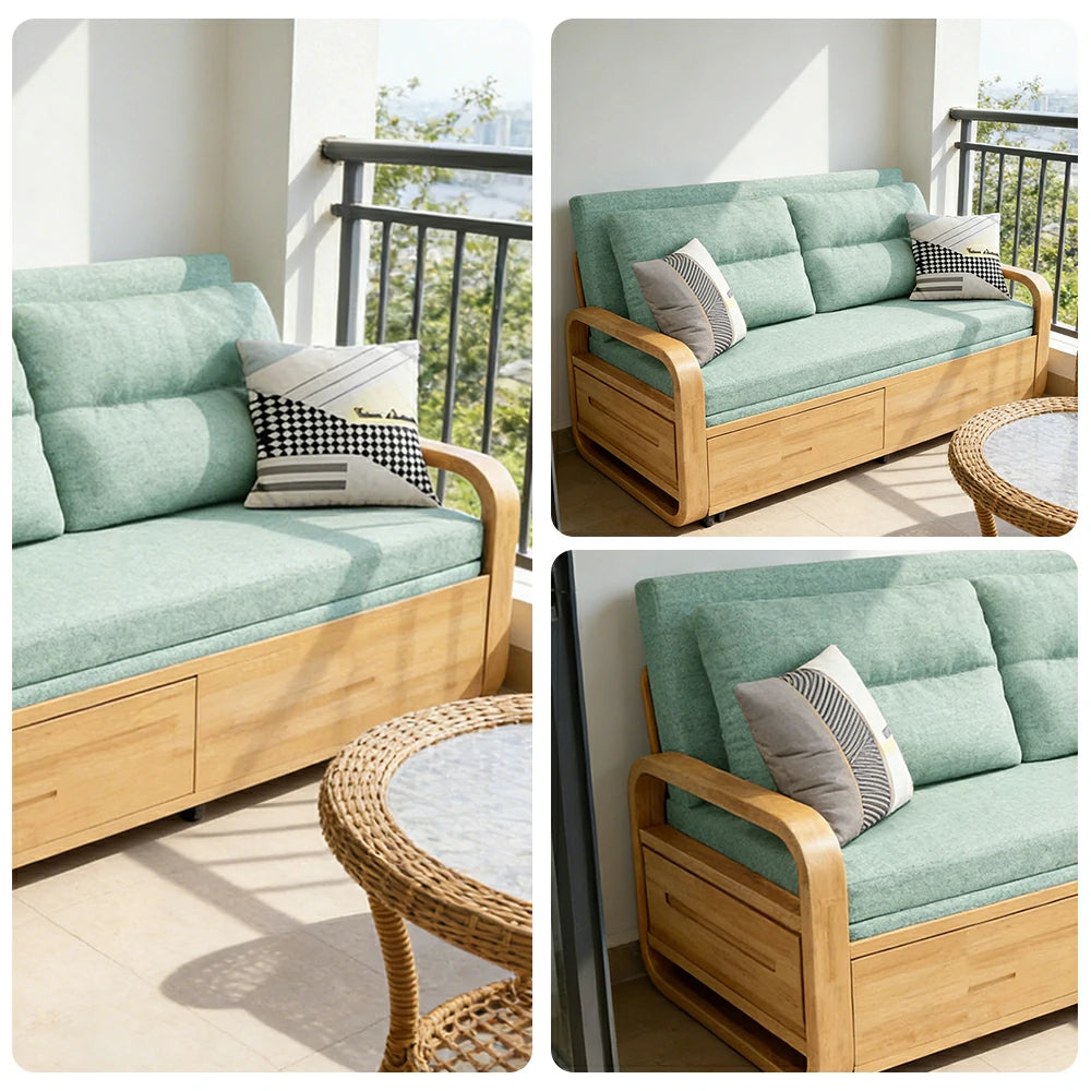 LUXORA 135/165cm Sofa Bed, Dual-Function Pull-Out Design, Cotton-Linen Upholstery, Solid Wood & Metal Frame, Quiet Rollers - Green