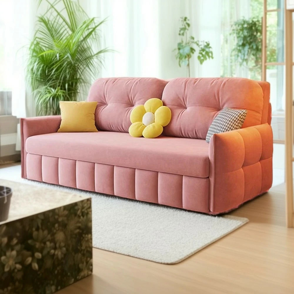 LUXORA 145/175cm Sofa Bed, Dual-Function Sofa to Bed Design, Soft Velvet Upholstery, Carbon Steel Frame, Removable Cover with Rollers - Pink