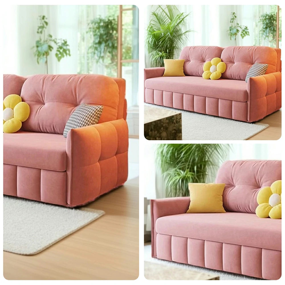 LUXORA 145/175cm Sofa Bed, Dual-Function Sofa to Bed Design, Soft Velvet Upholstery, Carbon Steel Frame, Removable Cover with Rollers - Pink