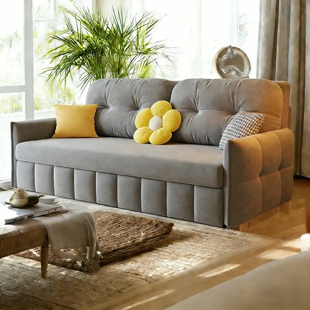 LUXORA 145/175cm Sofa Bed, Dual-Function Sofa to Bed Design, Soft Velvet Upholstery, Carbon Steel Frame, Removable Cover with Rollers - Grey