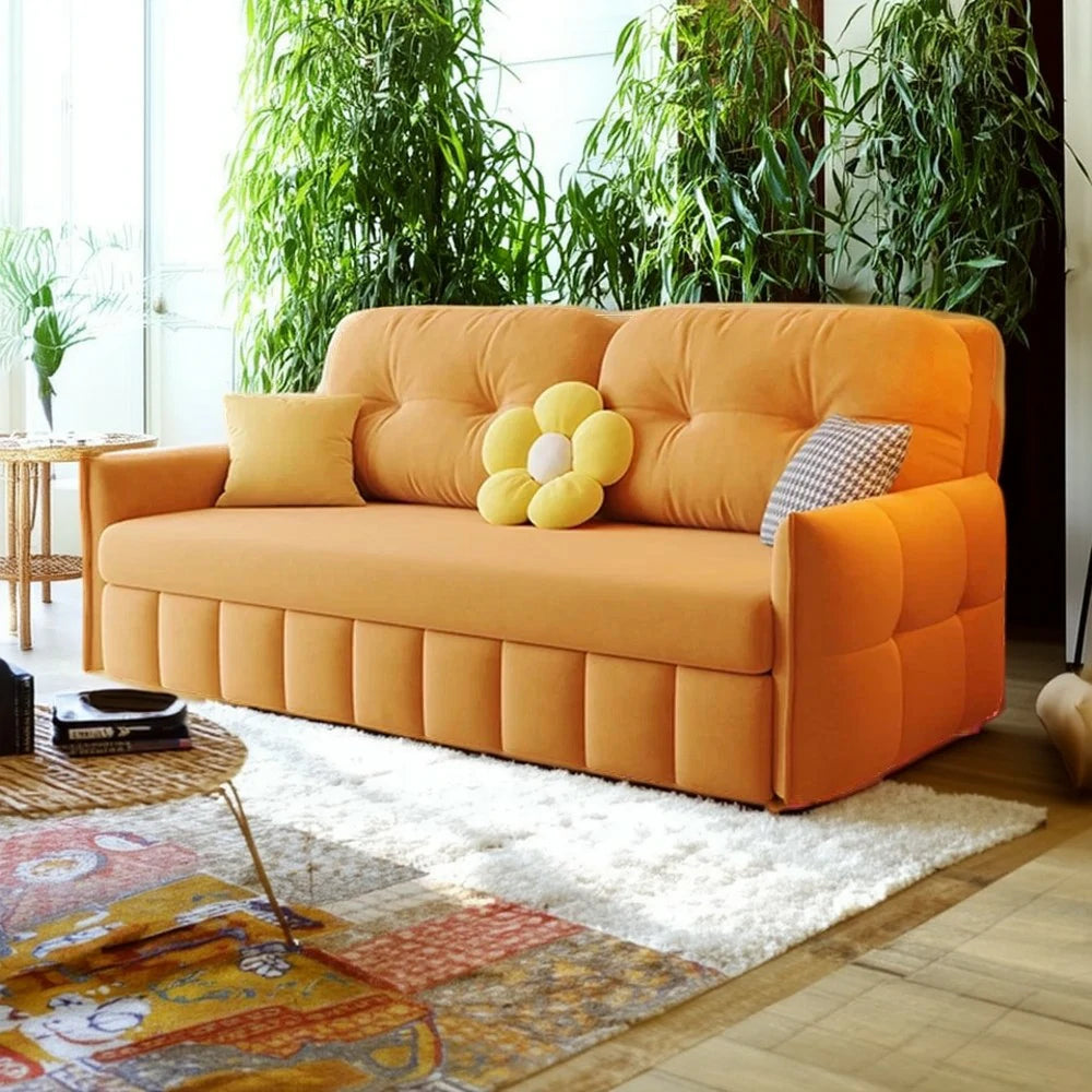 LUXORA 145/175cm Sofa Bed, Dual-Function Sofa to Bed Design, Soft Velvet Upholstery, Carbon Steel Frame, Removable Cover with Rollers - Orange