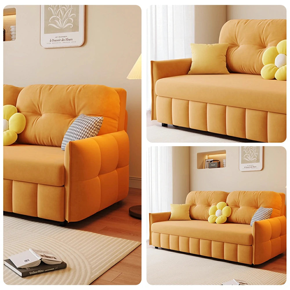 LUXORA 145/175cm Sofa Bed, Dual-Function Sofa to Bed Design, Soft Velvet Upholstery, Carbon Steel Frame, Removable Cover with Rollers - Orange