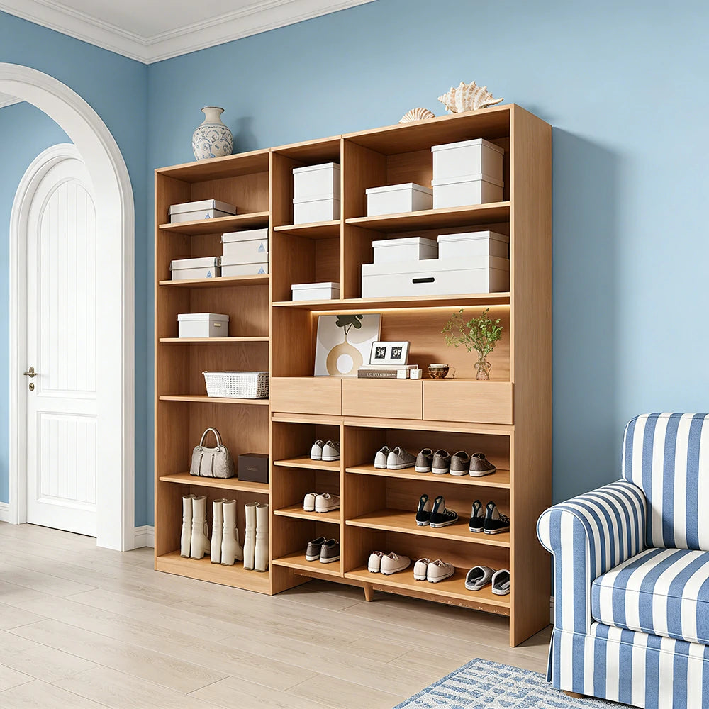 LUXORA 180/200cm Storage Cabinet - Multi-Shelf & Drawer Organiser with Eco Solid Wood Panels, Slim 35cm Depth & Flush Wall Design