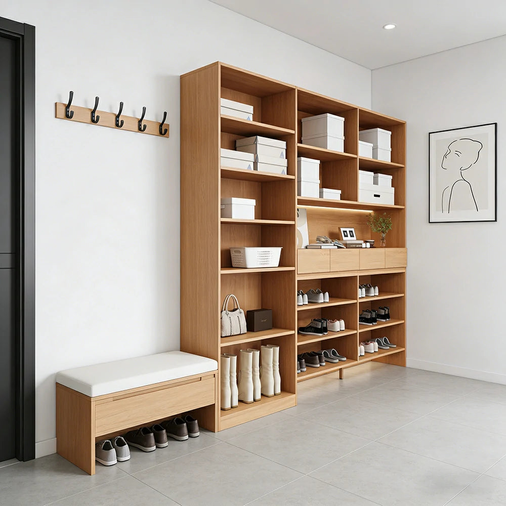 LUXORA 220/240cm Storage Cabinet - Multi-Shelf & Drawer Organiser with Eco Solid Wood Panels, Slim 35cm Depth & Flush Wall Design