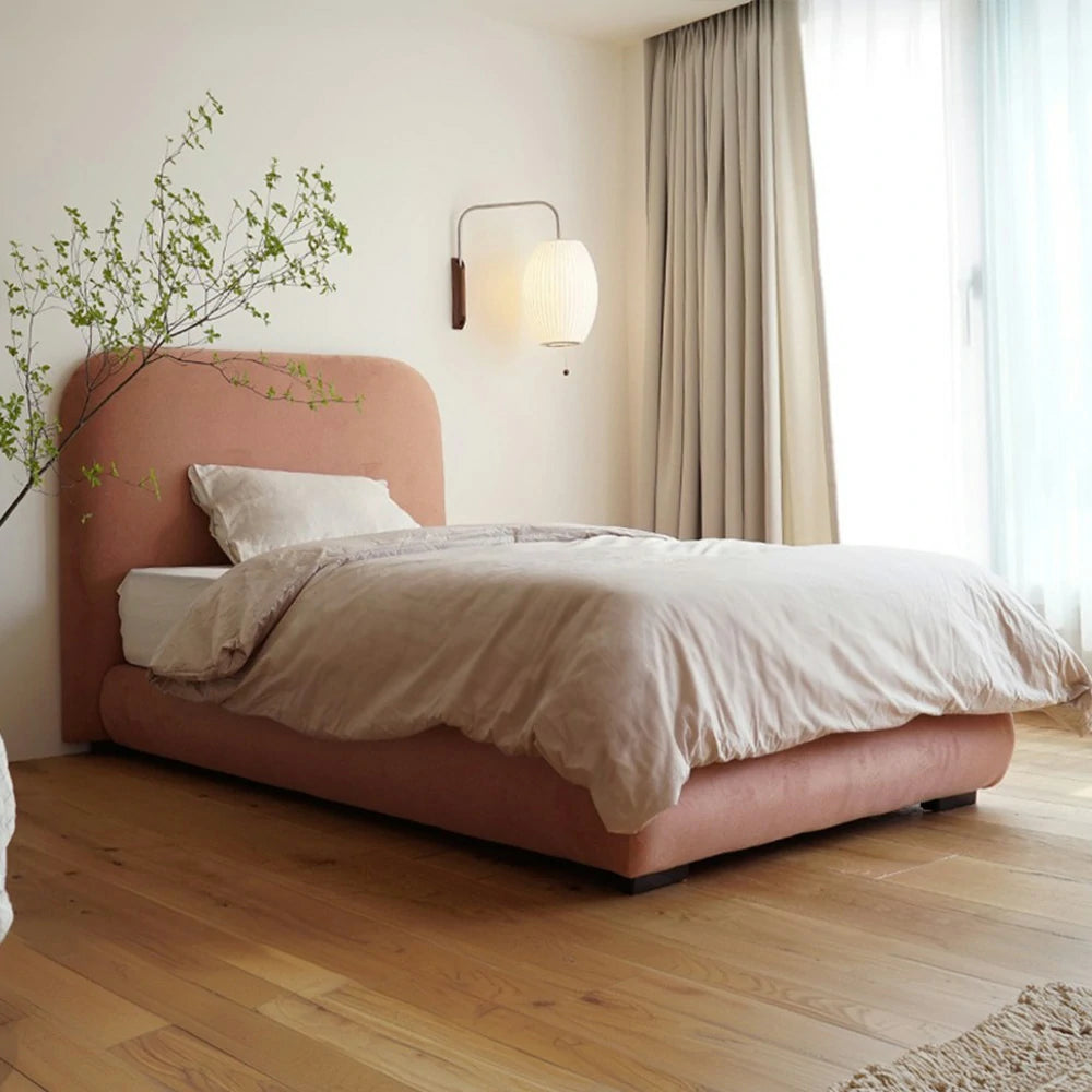 LUXORA Upholstered Bed Frame 150/180cm, Cotton-Linen Fabric & Solid Wood, High-Density Sponge Headboard - Pink