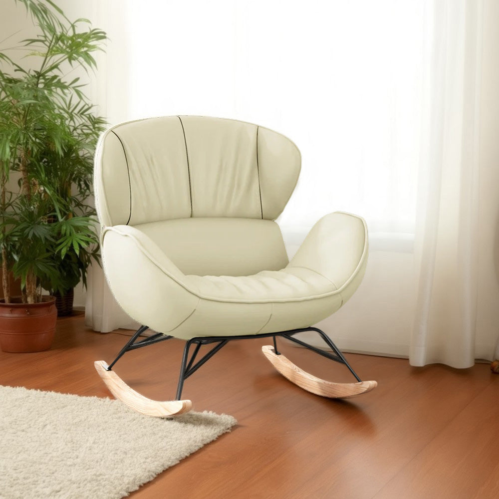 LUXORA Rocking Chair 105° Recline, Tech Leather, High-Density Foam, Ash Wood Base, Stable Rocking Design - White