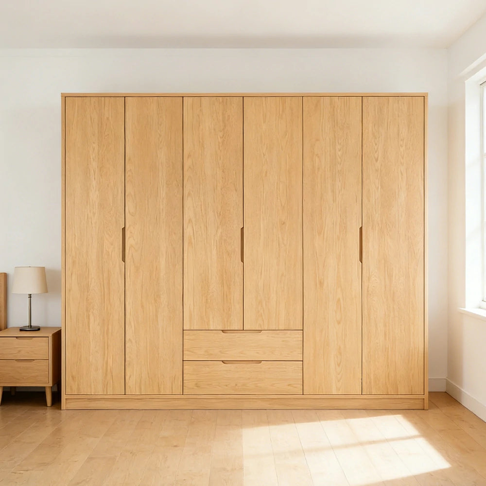 LUXORA 220/240cm Modern Wardrobe Cabinet - Flush Inset Door Design, Solid Timber Construction, Soft-Close Hinges & Quiet Drawers - Wood