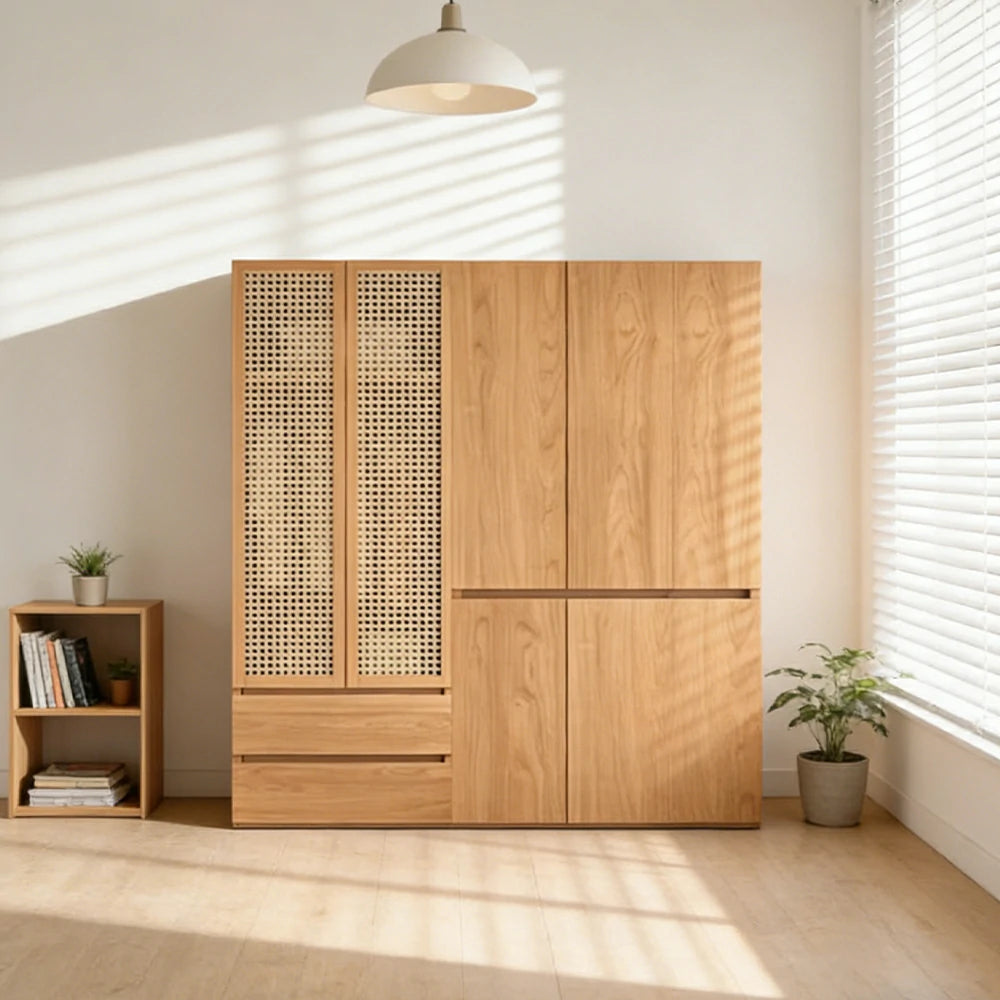 LUXORA 140/160cm Rattan Storage Cabinet - Multi-Zone Wardrobe Design with Solid Finnish Pine Wood, Breathable PVC Doors & Spacious Drawers