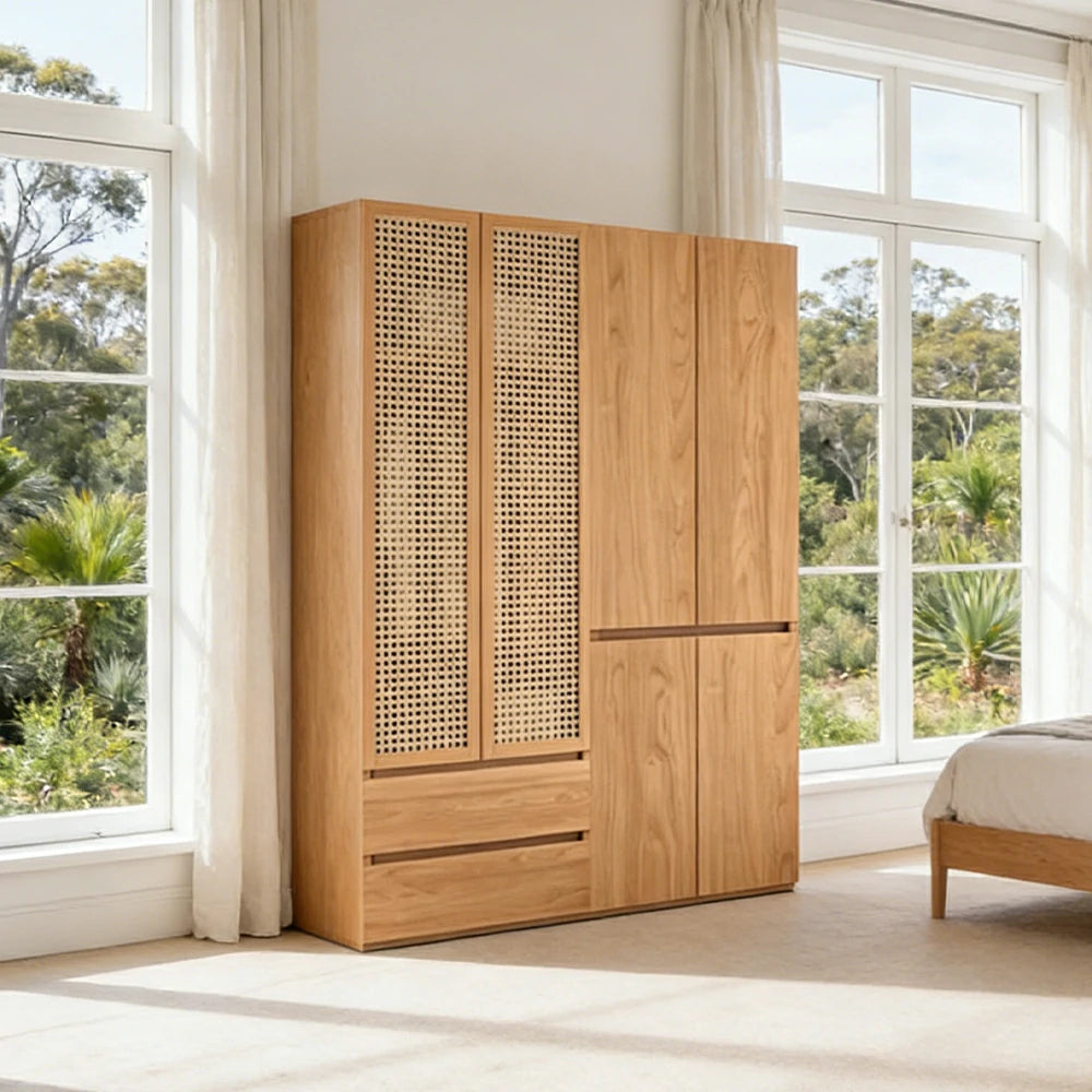 LUXORA 140/160cm Rattan Storage Cabinet - Multi-Zone Wardrobe Design with Solid Finnish Pine Wood, Breathable PVC Doors & Spacious Drawers