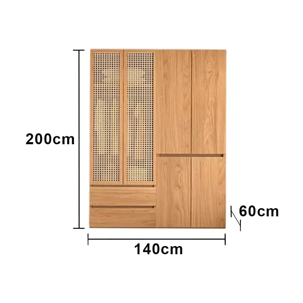 LUXORA 140/160cm Rattan Storage Cabinet - Multi-Zone Wardrobe Design with Solid Finnish Pine Wood, Breathable PVC Doors & Spacious Drawers