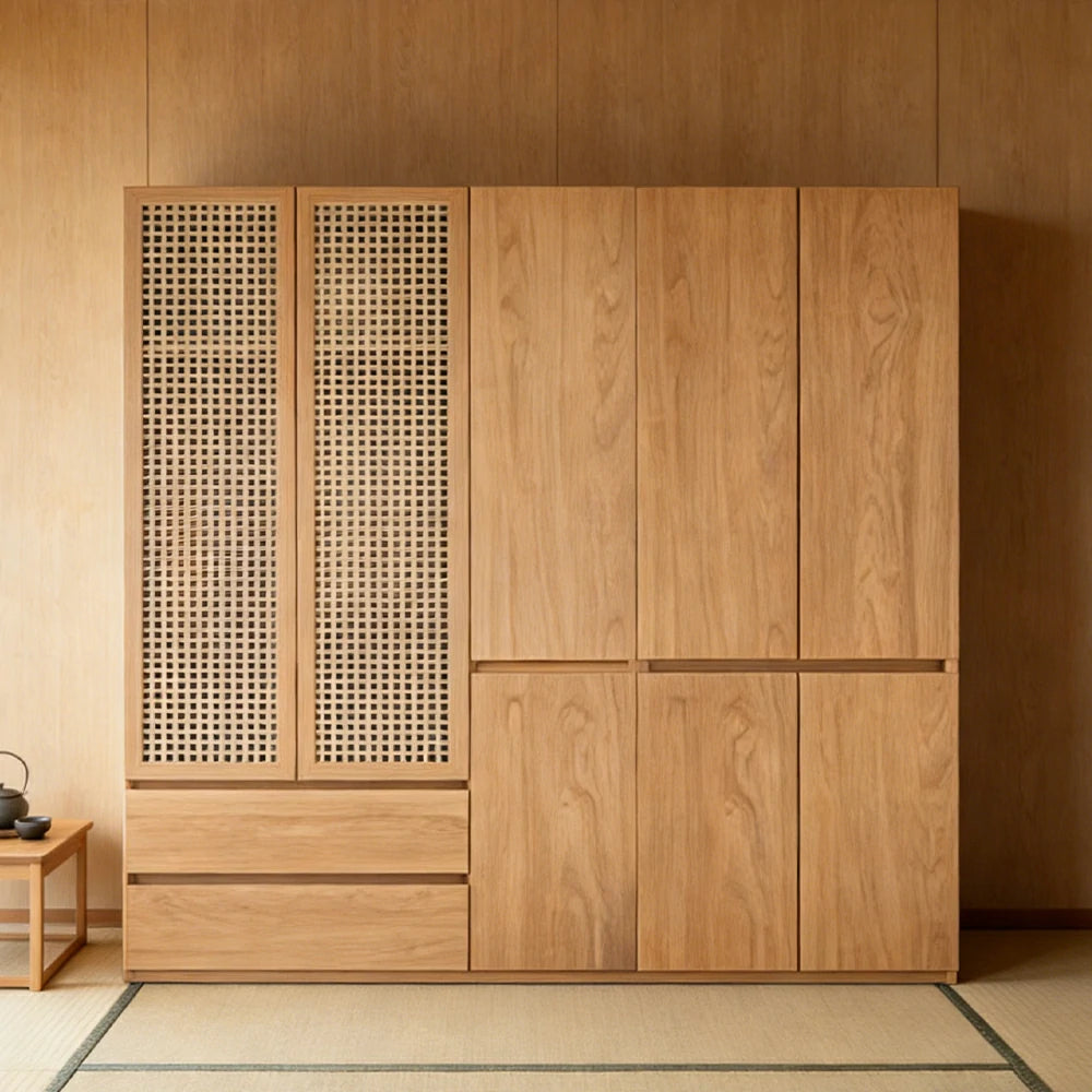 LUXORA 180/200cm Rattan Storage Cabinet - Multi-Zone Wardrobe Design with Solid Finnish Pine Wood, Breathable PVC Doors & Spacious Drawers