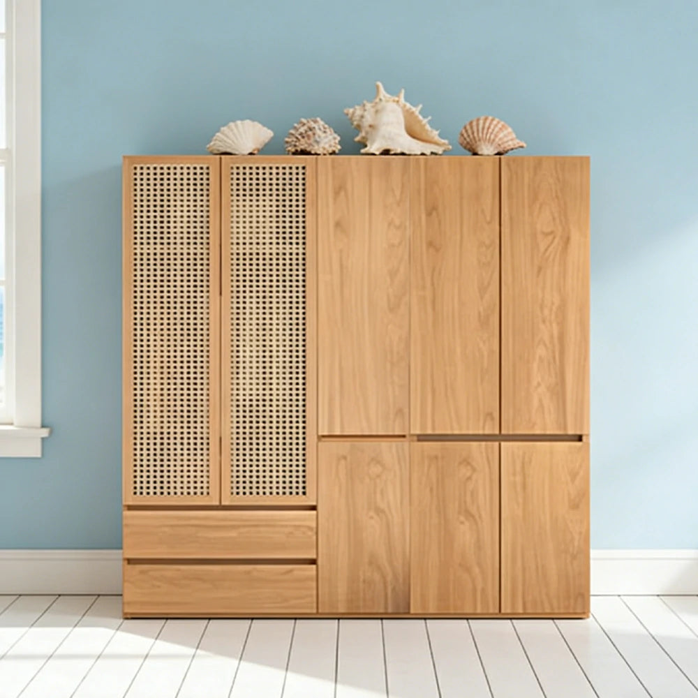 LUXORA 180/200cm Rattan Storage Cabinet - Multi-Zone Wardrobe Design with Solid Finnish Pine Wood, Breathable PVC Doors & Spacious Drawers