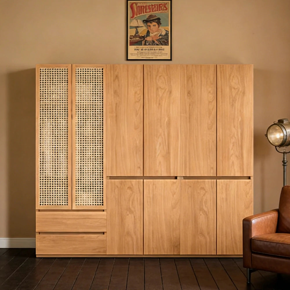 LUXORA 220/240cm Rattan Storage Cabinet - Multi-Zone Wardrobe Design with Solid Finnish Pine Wood, Breathable PVC Doors & Spacious Drawers